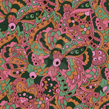 Seamless doodle pattern. Floral doodle wavy patterns. Cute background for textile, creativity and your design. Pink tone