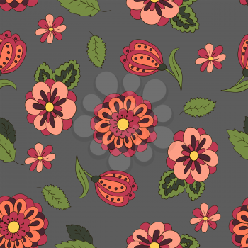 Seamless pattern with spring flowers. Cover, background. Gray, Red and green colors