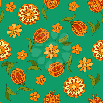 Seamless pattern with spring flowers. Cover, background. Orange and green colors. Green background