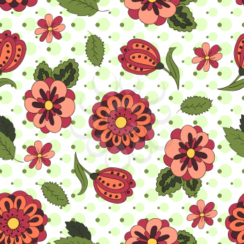 Seamless pattern with spring flowers. Cover, background. Red and green colors. Green spots