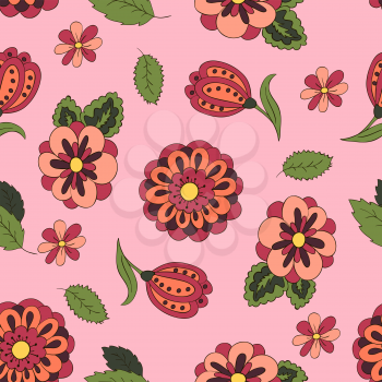 Seamless pattern with spring flowers. Cover, background. Red and green colors. Pink pattern