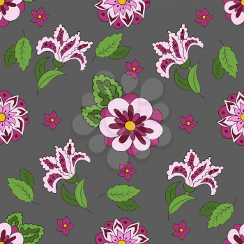 Seamless pattern with spring flowers. Cover, background. Violet and green colors. Gray pattern