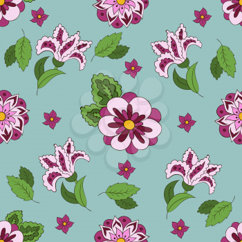 Seamless pattern with spring flowers. Cover, background. Violet and green colors. Soft blue pattern