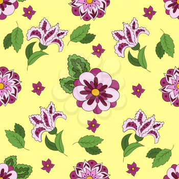 Seamless pattern with spring flowers. Cover, background. Violet and green colors. Yellow pattern
