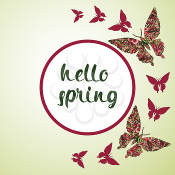 Spring postcard, cover, bright background for inscriptions. Hello Spring. Butterflies pattern in green and red tones
