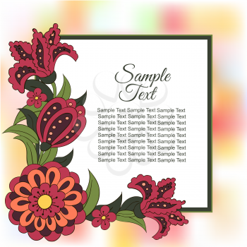 Spring postcard, cover, bright background for inscriptions. Sample text. Pattern in green, red, orange, yellow tones