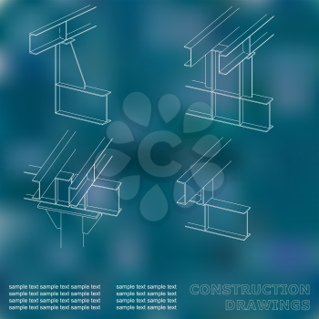 3D metal construction. The beams and columns. Cover, background for inscriptions. Construction drawings. Blue