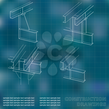 3D metal construction. The beams and columns. Cover, background for inscriptions. Construction drawings. Blue. Grid