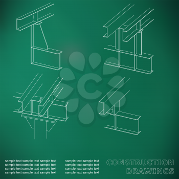 3D metal construction. The beams and columns. Cover, background for inscriptions. Construction drawings, green