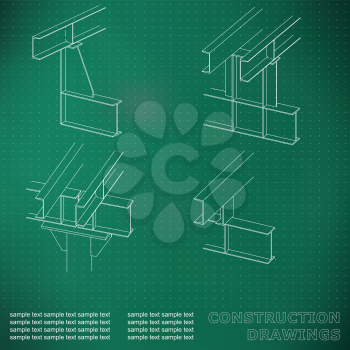 3D metal construction. The beams and columns. Cover, background for inscriptions. Construction drawings. Green. Points line