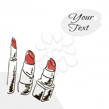 Banner, cover. Doodle image. Hand drawing. Three types of lipstick. Place for your text