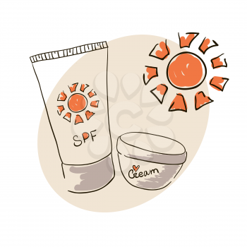 Doodle image sunblock cream for body skin care. Doodle drawing. Hand drawing. Doodle sun