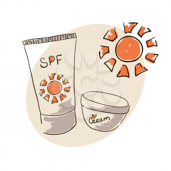 Doodle image sunblock cream for body skin care. Doodle drawing. Hand drawing. Doodle sun. Sunblock