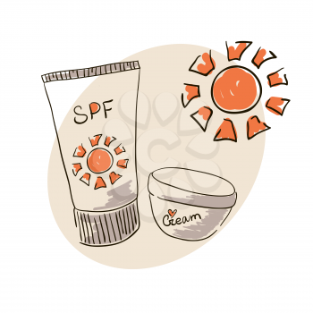 Doodle image sunblock cream for body skin care. Doodle drawing. Hand drawing. Doodle sun. Sunblock cream