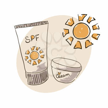 Doodle image sunblock cream for body skin care. Doodle drawing. Hand drawing. Sun