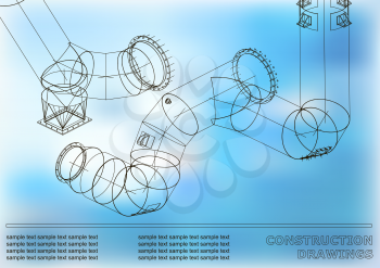 Drawings of steel structures. Pipes and pipe. 3d blueprint of steel structures. Cover, blue background for your design
