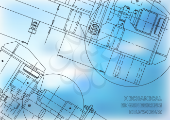 Mechanical Engineering drawing. Blueprints. Mechanics. Cover, blue background