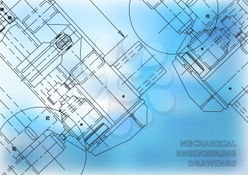 Mechanical Engineering drawing. Blueprints. Mechanics. Cover, blue background for your design