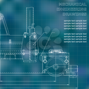 Mechanical engineering drawings on a black background. Vector. For inscriptions. Blue. Grid