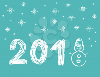 Snowman. It's snowing. Snowflakes. Blue winter illustration. Hand drawing. Doodle image. Happy New Year 2018