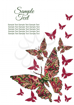 Spring postcard, cover, bright background for inscriptions. Butterflies fly upward. Cute pattern in green and red