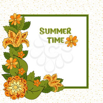Summer postcard, cover, bright background for inscriptions. Summer. Flower. Green and orange tones