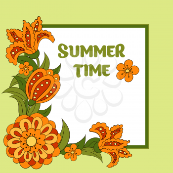 Summer postcard, cover, bright background for inscriptions. Summer. Pattern in green and orange