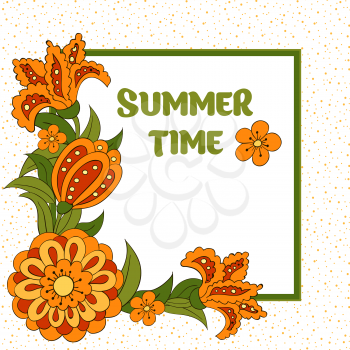 Summer postcard, cover, bright background for inscriptions. Summer. Pattern in green and orange tones
