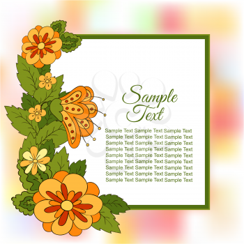 Summer postcard, cover, bright background for inscriptions. Summer. Pattern in green, orange tones. Colourful summer. Sample text