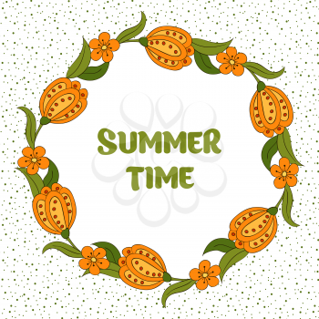 Summer postcard, cover, bright background for inscriptions. Summer Time. Cute pattern in green and orange tones