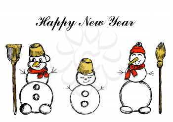 Three snowmen. It's snowing. Snowflakes. Winter illustration. Hand drawing. Doodle image. Happy New Year