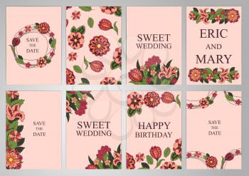 Wedding Set postcards, backgrounds, invitations in the same style. Floral ornament. Cover, Magazine, floral elements. Holidays, weddings, birthdays. Design background, frame