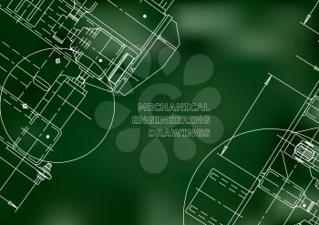 Blueprints. Mechanics. Cover. Mechanical Engineering drawing. Engineering design, construction. Green