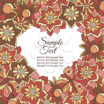 Flower background with heart. Autumn flowers. Butterflies. The pastel brown, orange and pink tone