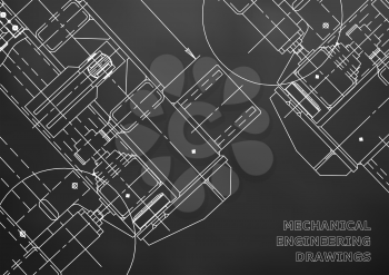 Mechanical Engineering drawing. Blueprints. Mechanics. Cover, background for your design. Black