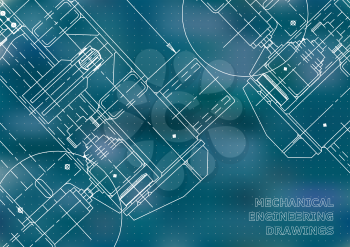 Mechanical Engineering drawing. Blueprints. Mechanics. Cover, background for your design. Blue. Points