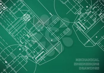 Mechanical Engineering drawing. Blueprints. Mechanics. Cover, background for your design. Light green
