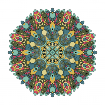 Oriental pattern. Traditional round ornament. Mandala. Doodle drawing. Blue, yellow and pink colors