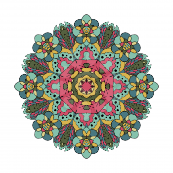 Oriental pattern. Traditional round ornament. Mandala. Flowers. Doodle drawing. Blue, yellow and pink colors