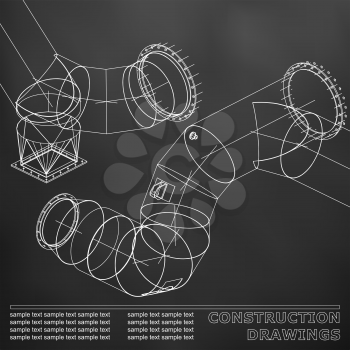 Black. Drawings of steel structures. Pipes and pipe. 3d blueprint of steel structures. Background for your design