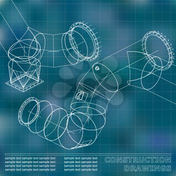 Blue background. Grid. Drawings of steel structures. Pipes and pipe. 3d blueprint of steel structures. Background for your design