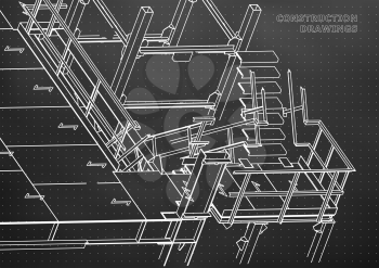 Building. Metal constructions. Volumetric constructions. 3D design. Abstract background. Black. Points