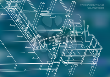 Building. Metal constructions. Volumetric constructions. 3D design. Abstract background. Blue