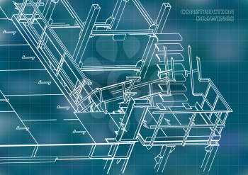 Building. Metal constructions. Volumetric constructions. 3D design. Abstract background. Blue. Grid