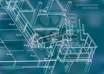 Building. Metal constructions. Volumetric constructions. 3D design. Abstract background. Blue. Points