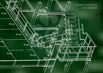 Building. Metal constructions. Volumetric constructions. 3D design. Abstract background. Green. Grid