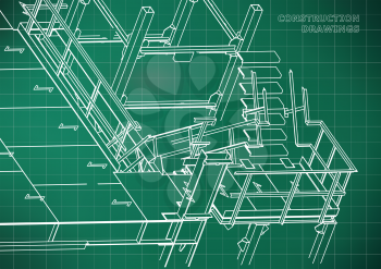 Building. Metal constructions. Volumetric constructions. 3D design. Abstract background. Light green. Grid