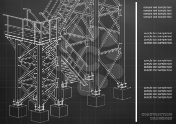 Building. Metal constructions. Volumetric constructions. 3D design. Abstract backgrounds. Cover, background, banner. Black background. Grid