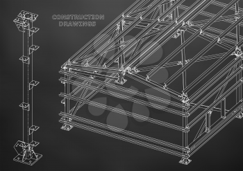 Building. Metal constructions. Volumetric constructions. 3D design. Abstract Cover, banner. Black