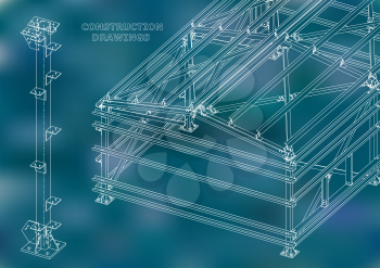 Building. Metal constructions. Volumetric constructions. 3D design. Abstract Cover, banner. Blue